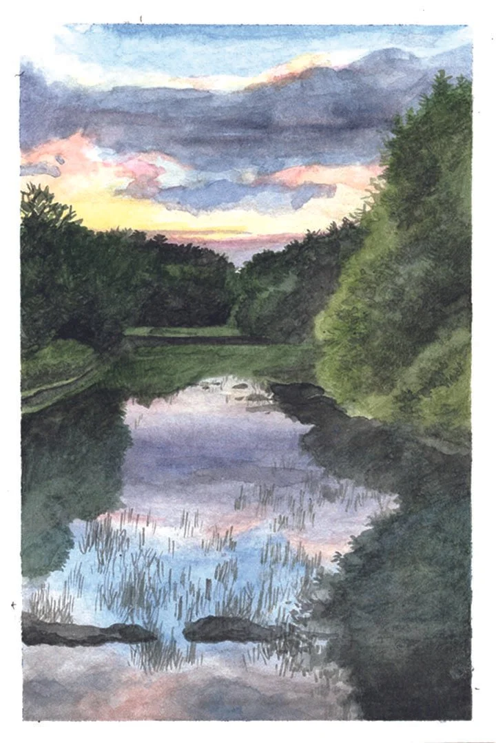 "Kenduskeag Stream," Watercolor on paper, 4"x6", 2022