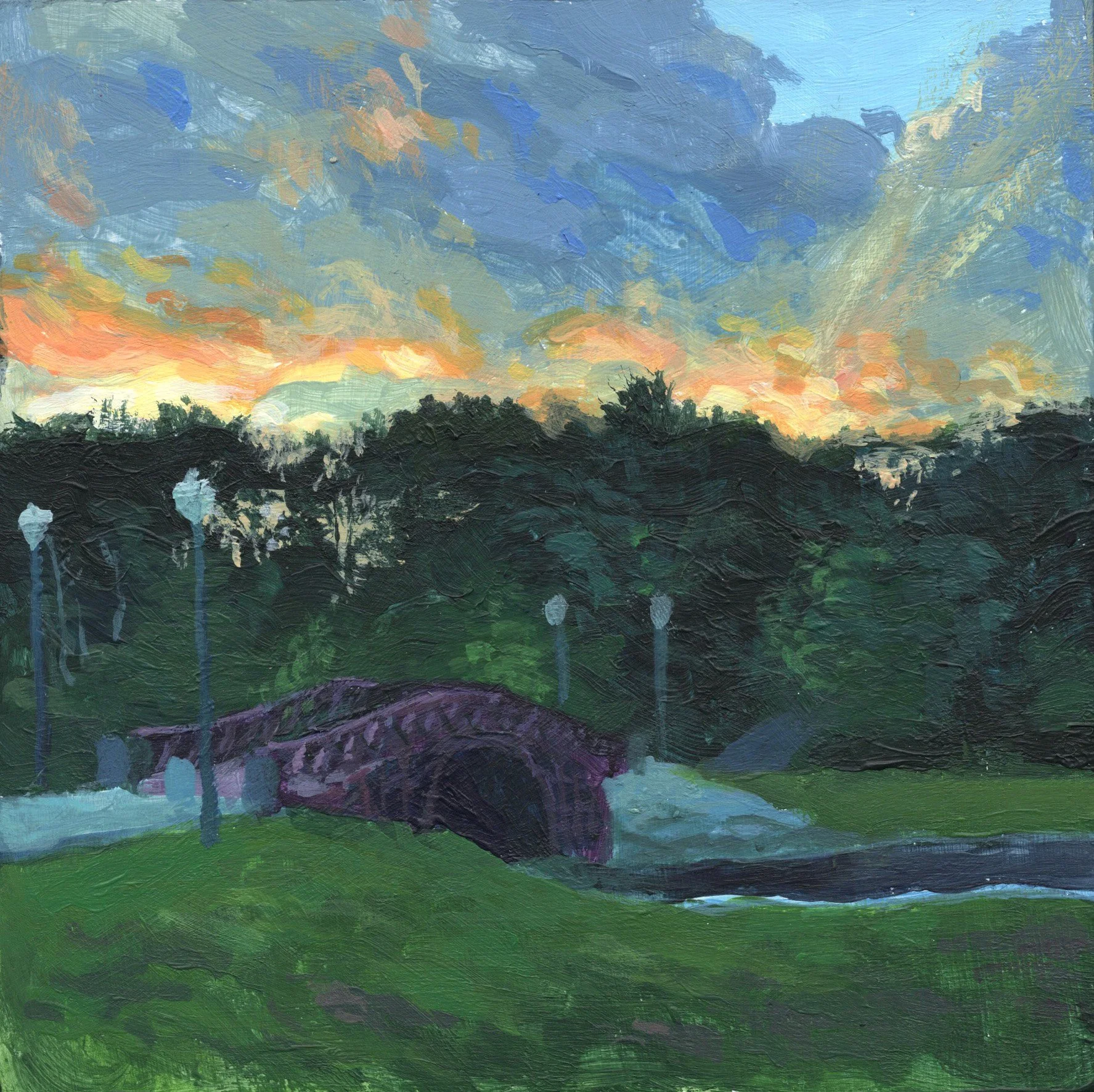 "Elm Park Bridge, sunset," Acrylic on wood, 6"x6", 2026 (sold)