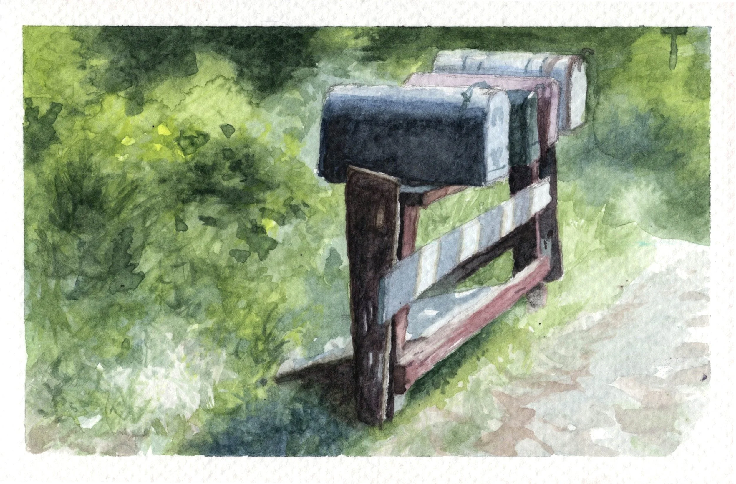 "Matunuck Mailboxes," Watercolor on paper, 4"x6", 2022