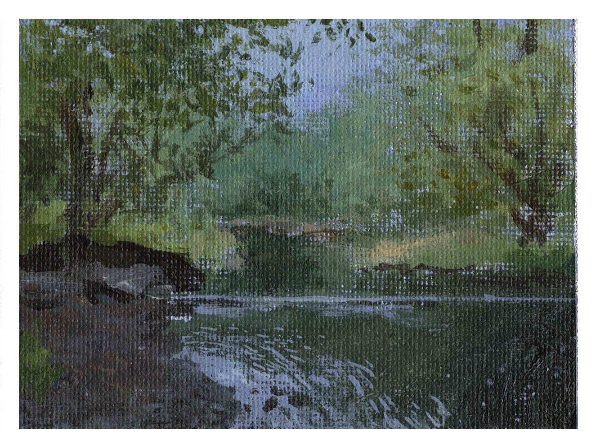 "Souadabscook Stream, summer twilight," Acrylic on canvas paper, 2"x3", 2023