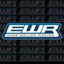 Evan Weller Racing logo with blue and white colors on a dark background.