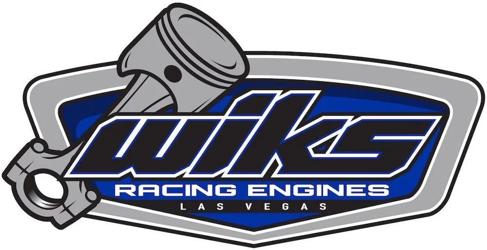 Logo for Wikes Racing Engines featuring a piston and a stylized text with the words "Wikes Racing Engines Las Vegas."