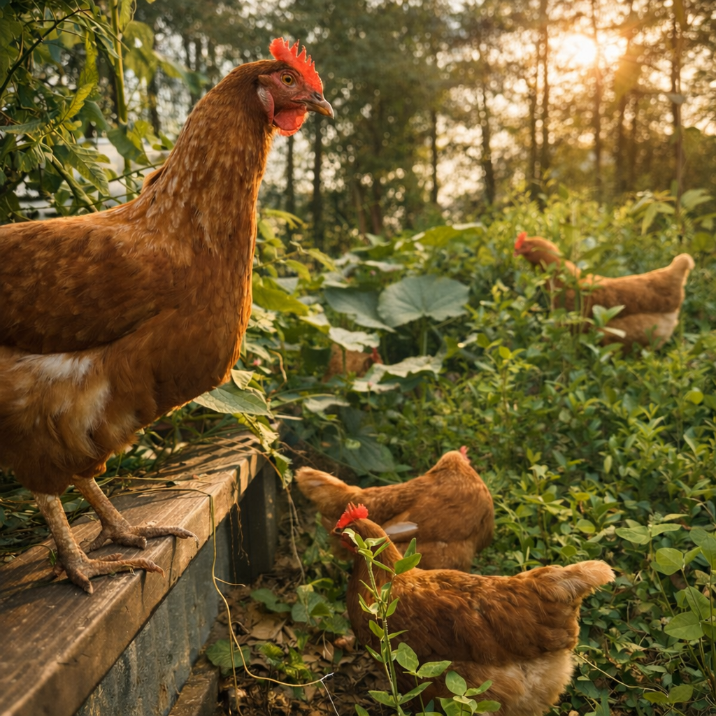 A group of hens in a lush green garden during sunset, with one hen perched on a wooden ledge in the foreground.