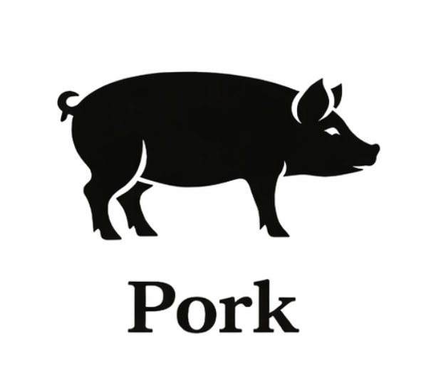 Silhouette of a pig with the word 'Pork' underneath.