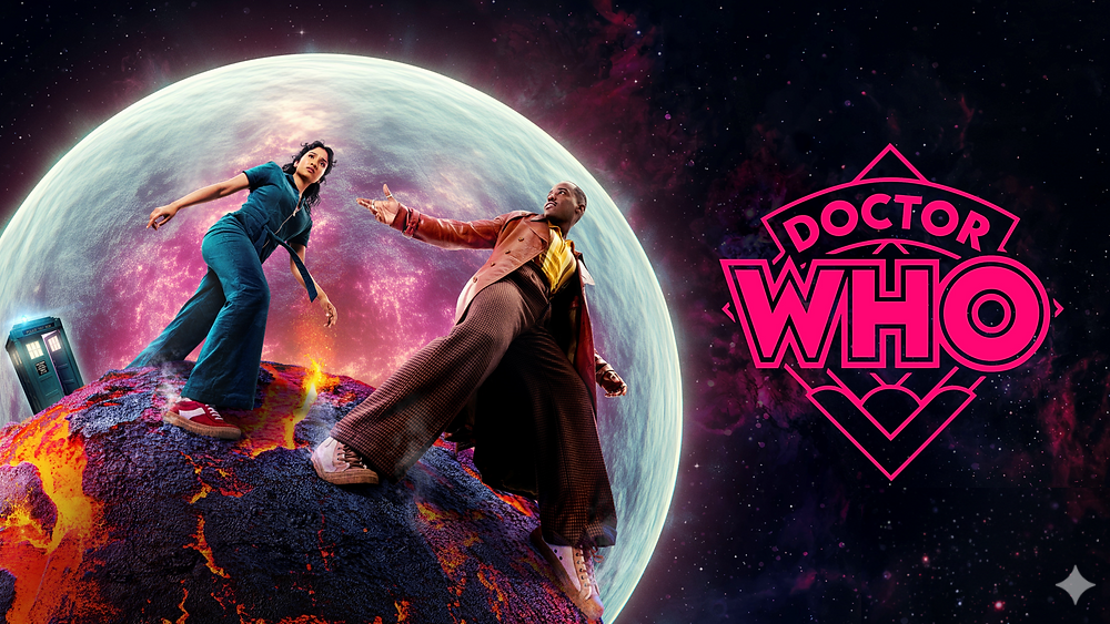 Two characters from Doctor Who standing on a colorful, erupting Earth with a large white planet behind them in space, and the Doctor Who logo in pink on the right.