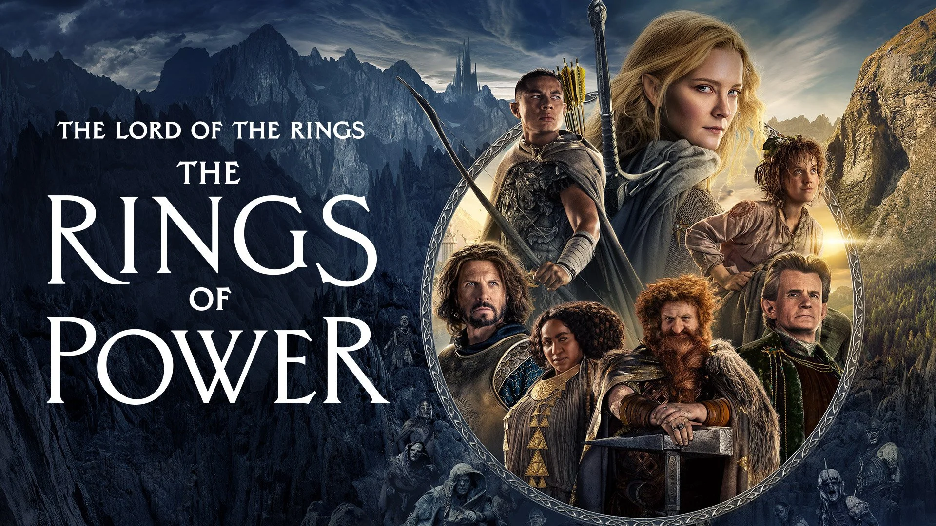 Promotional poster for the movie 'The Lord of the Rings: The Rings of Power,' featuring characters from the series against a mountainous backdrop.