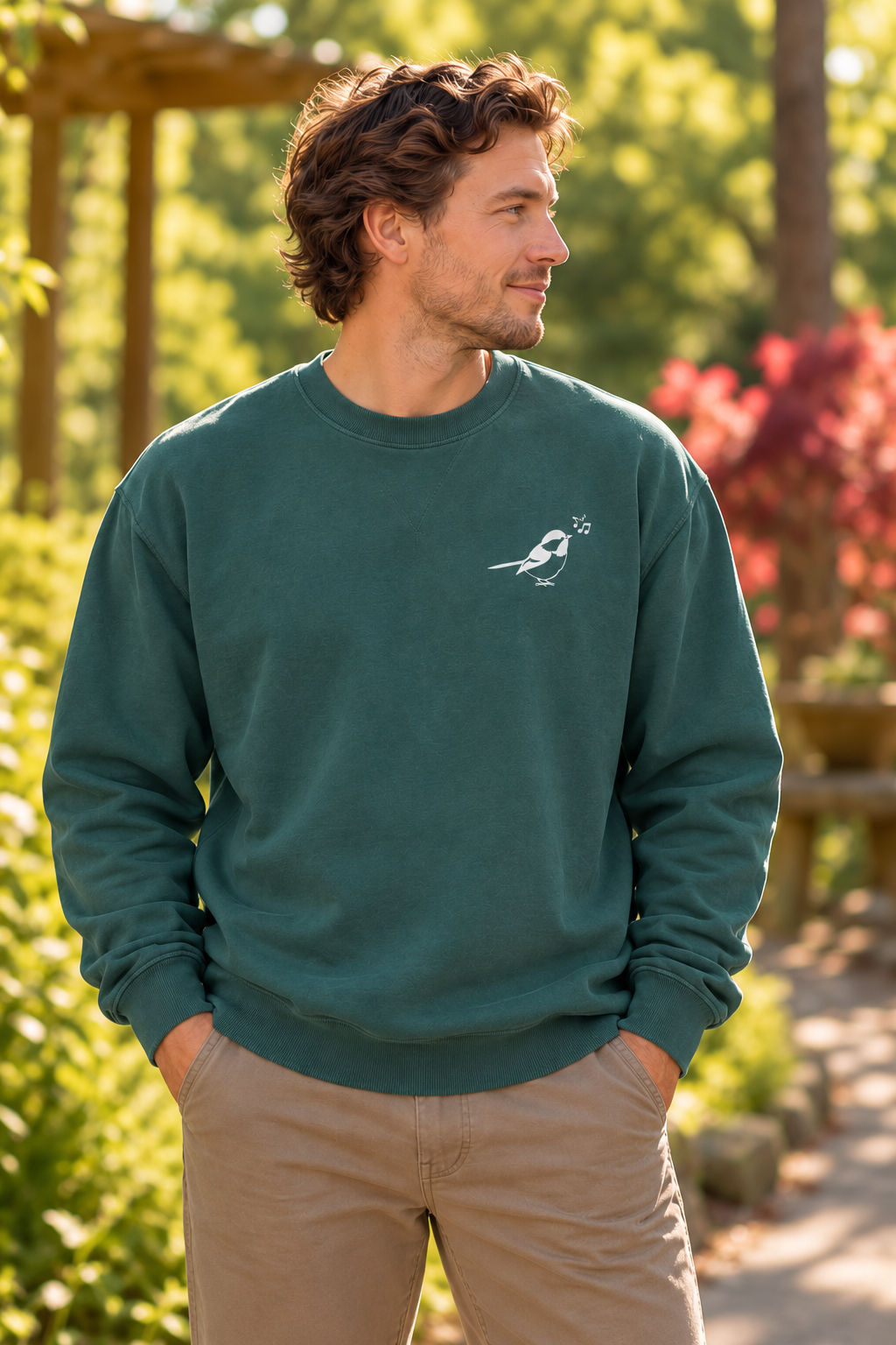 Sunlit Garden Portrait in Green Sweatshirt.png