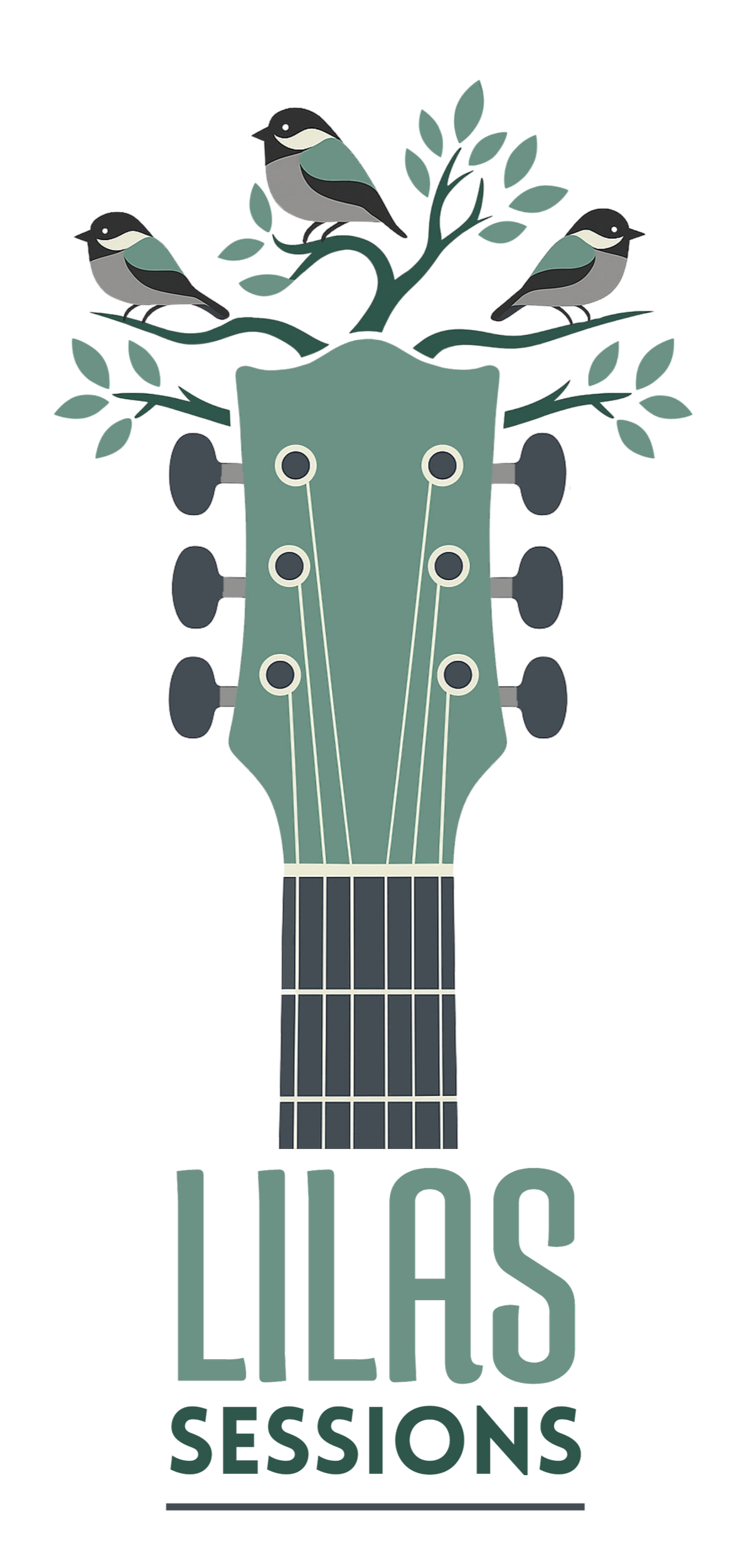 Illustration of a guitar headstock with three small birds sitting on the branches shaped like a tree, and the text 'LILAS SESSIONS' at the bottom.