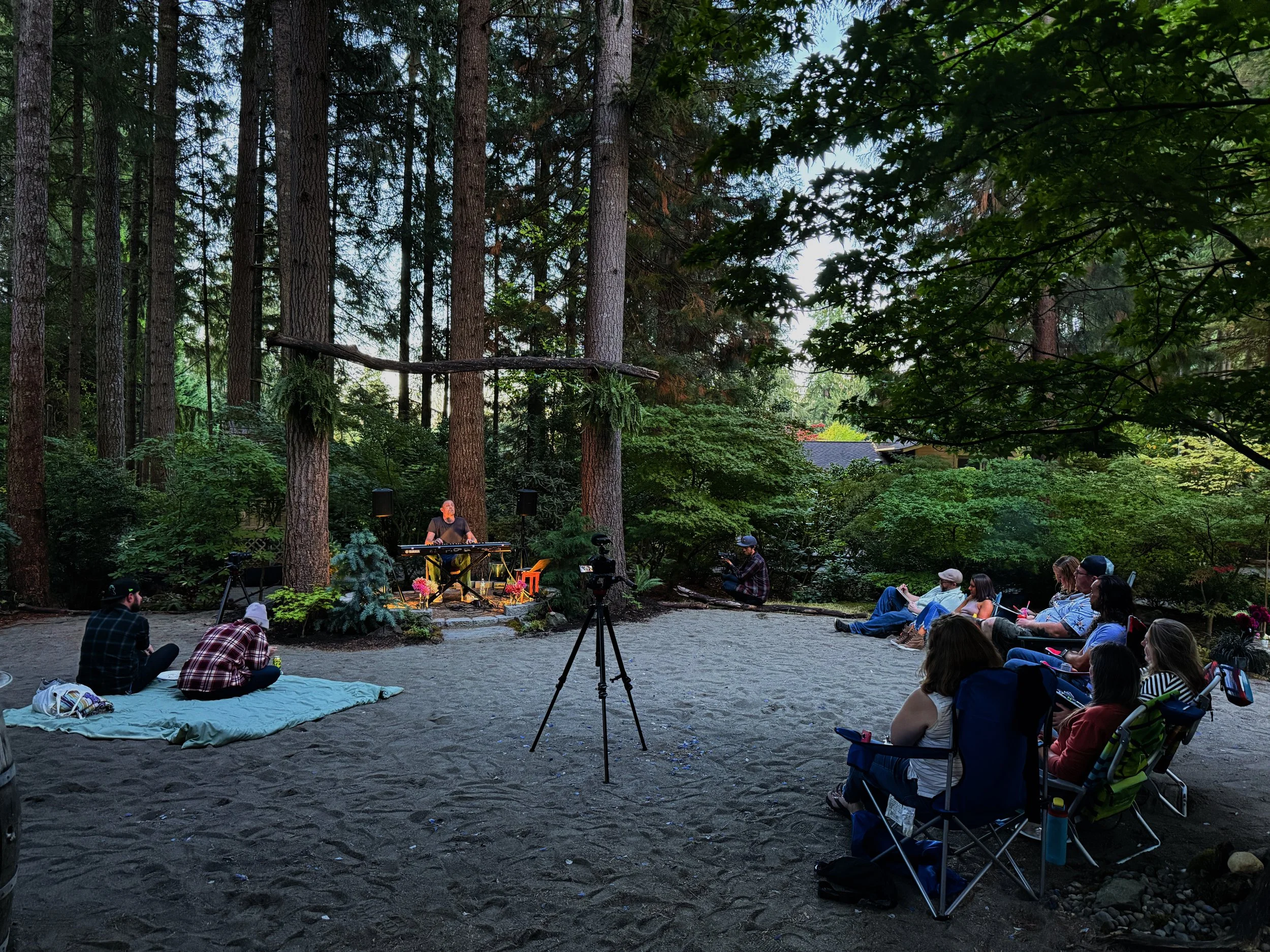 An outdoor concert in a wooded area with a musician playing keyboard on a small stage and a seated audience watching.