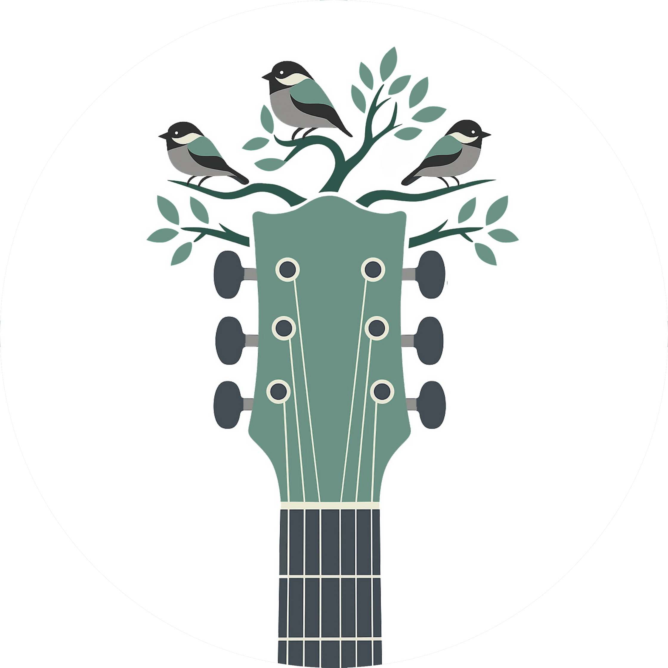 An illustration of a guitar headstock with three small birds perched on a tree branch growing from the top of the headstock, with leaves around the birds.
