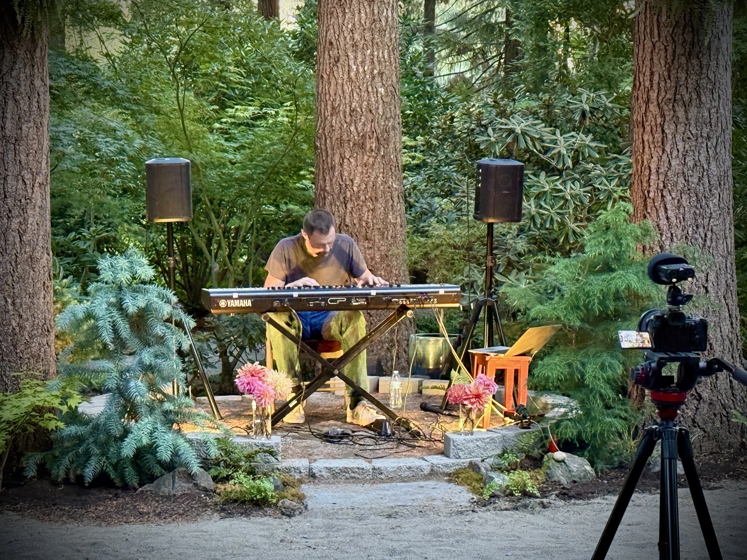 Musician playing a keyboard on an outdoor stage in a forest setting, with speakers and recording equipment.