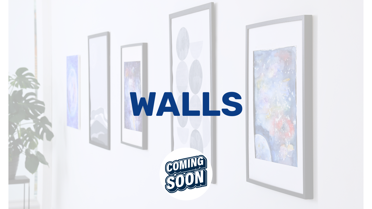 Gallery wall with framed artwork, including abstract paintings and geometric prints, in a modern interior with a plant in the foreground and a window in the background.