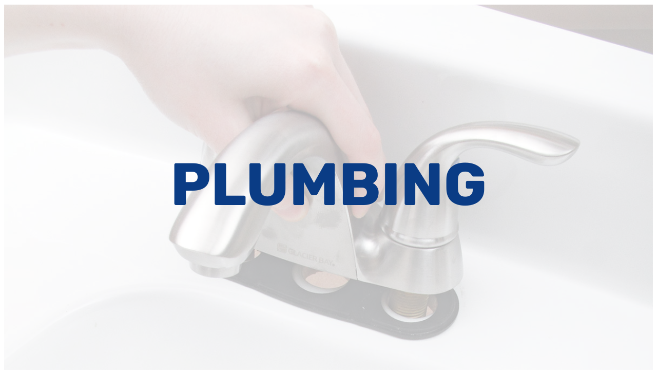 Close-up of a person's hand turning on a kitchen faucet with the word 'PLUMBING' overlaid.