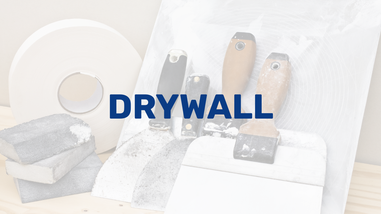 Tools and materials for drywall installation, including a roll of drywall tape, sanding sponges, utility knives, and a drywall panel, with the word 'DRYWALL' written across the image.