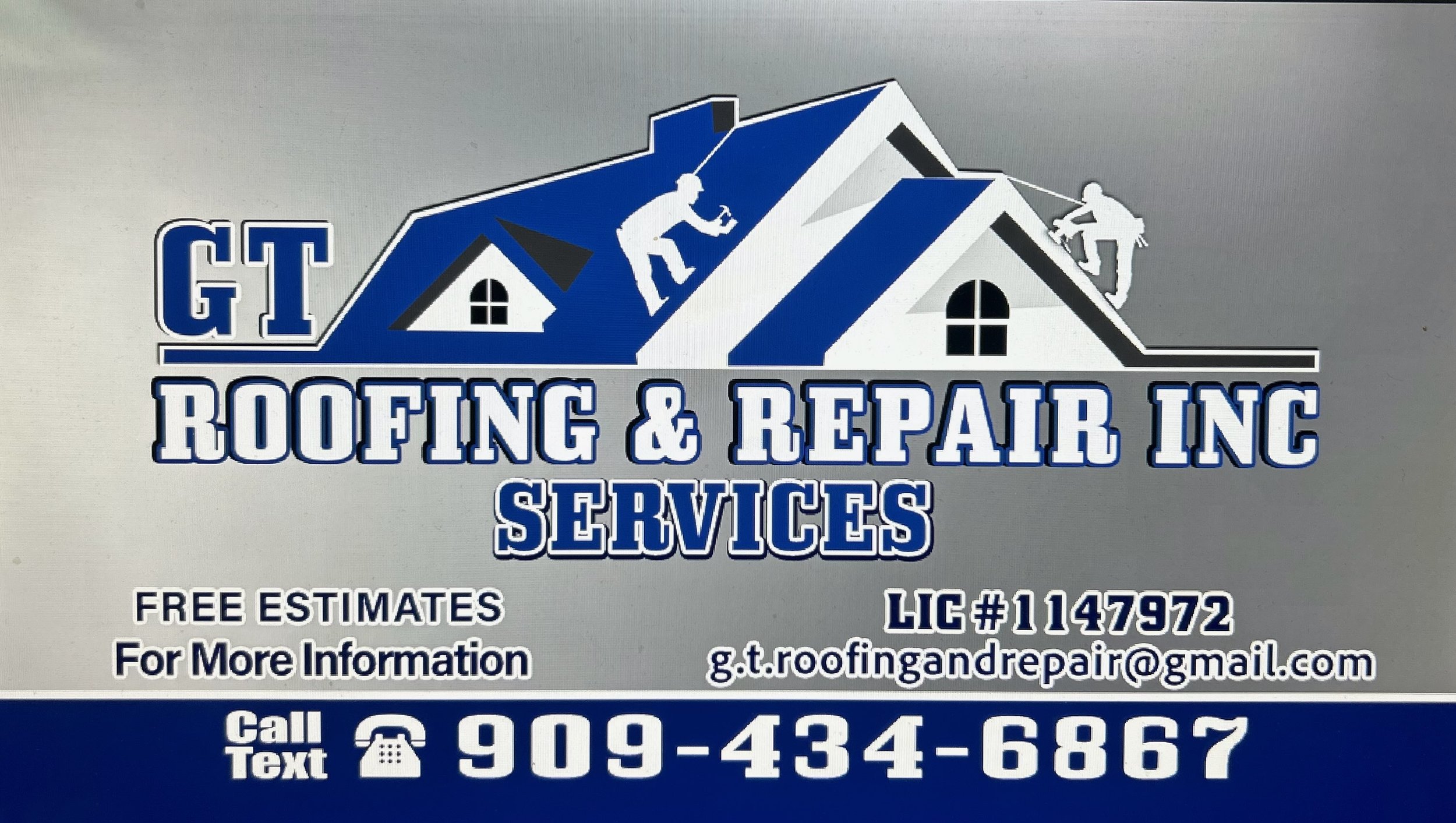 Business card for GT Roofing & Repair Inc. features a stylized house with workers on the roof, a phone number, email address, and licensing information, with blue and white color scheme.
