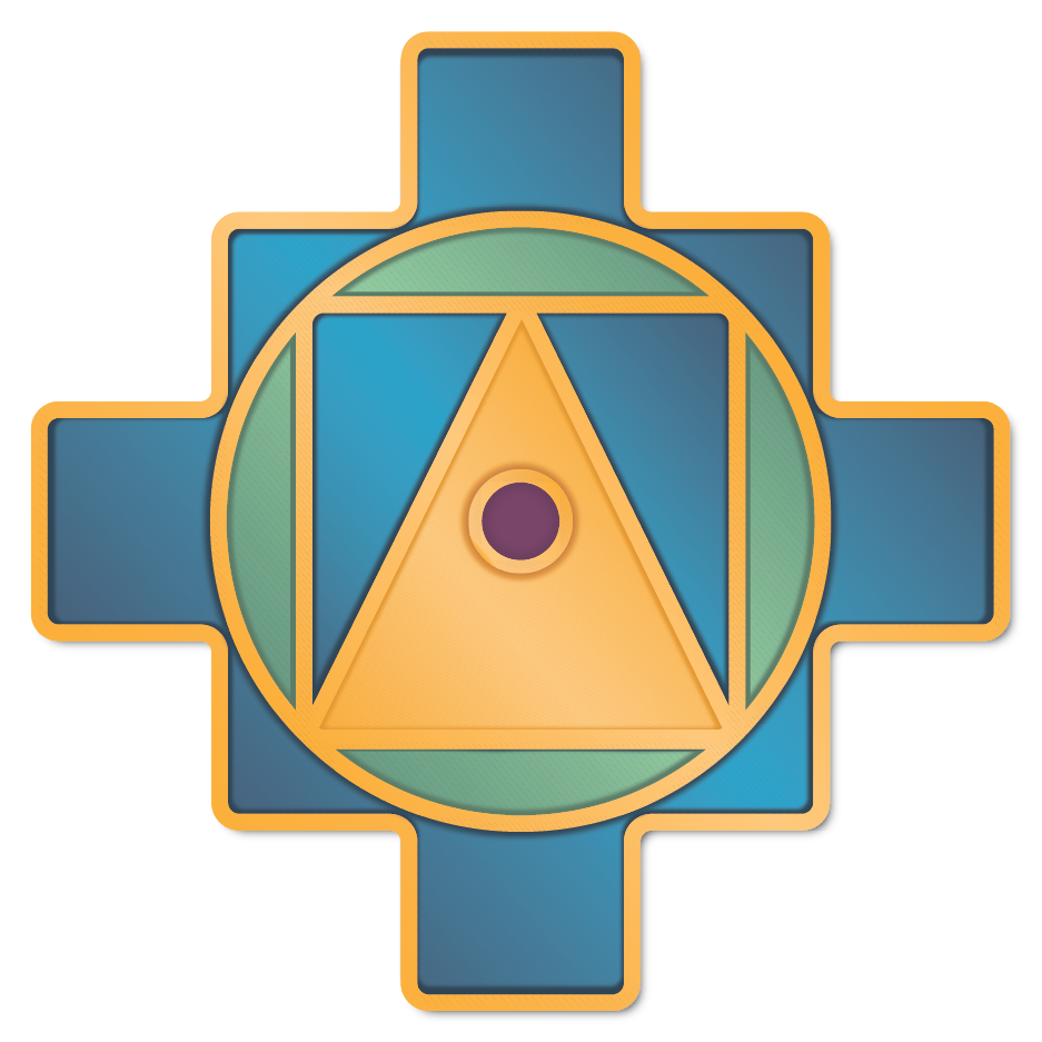A symbol comprised of a blue cross, a yellow triangle, a purple dot, and geometric shapes outlined in gold.
