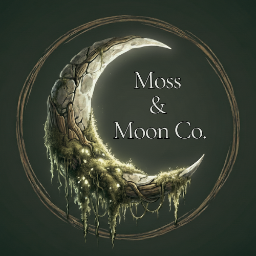 A logo for Moss & Moon Co. featuring a crescent moon with a tree growing on it, surrounded by a circular border.