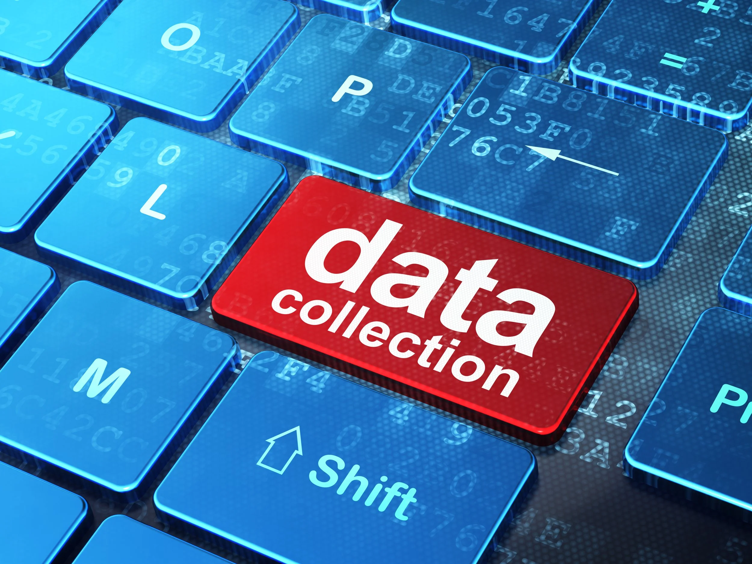 Close-up of a computer keyboard focusing on a red key labeled 'data collection' surrounded by blue keys with letters and symbols.