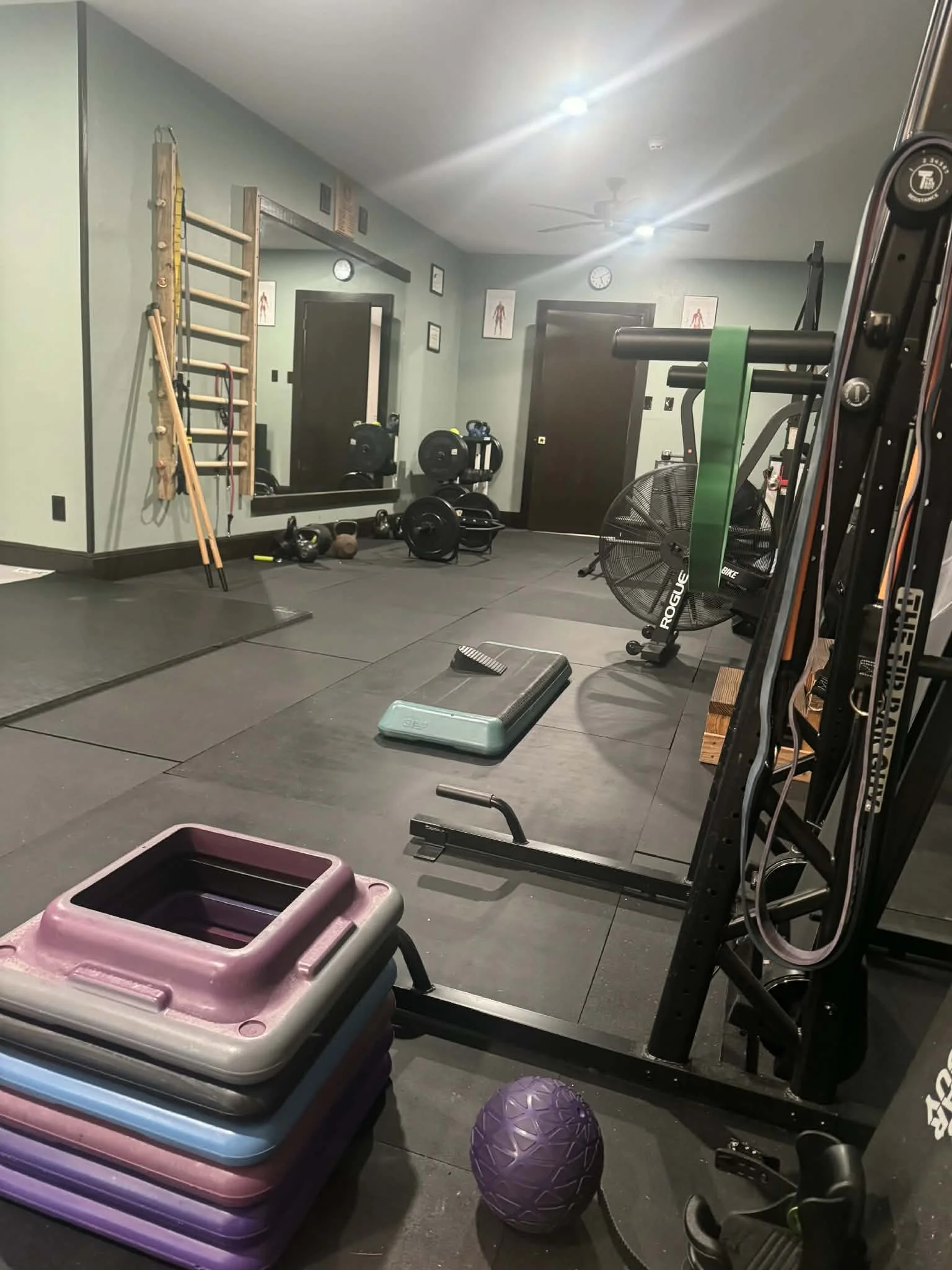 Interior of a home gym with exercise equipment, including a rowing machine, yoga mats, weights, medicine ball, resistance bands, pull-up bars, and a mirror on the wall.