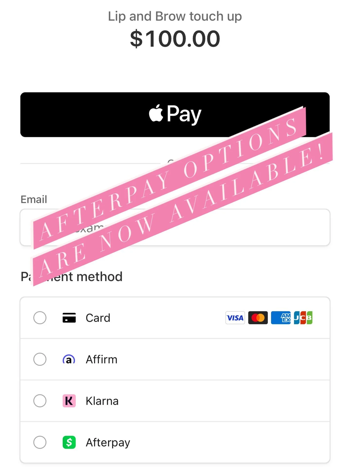I&rsquo;m now able to accept Afterpay, Affirm, and Klarna!
If you&rsquo;d like more info, just shoot me over a message!