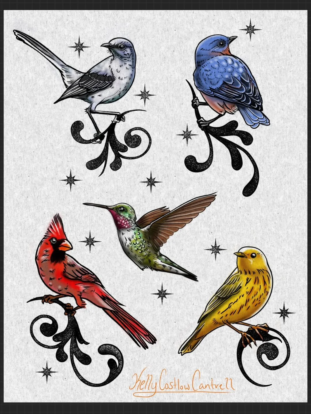 🪶 November Availability! 
Swirly Birds, (or lil peckers?)
black and gray 🩶 $120/ full color 🎨 $150
$30 deposit required at the time of booking, taken off at the end. 
Message me to book some birbs or let me draw for you!!! 🤩 

@iron.gate.studios