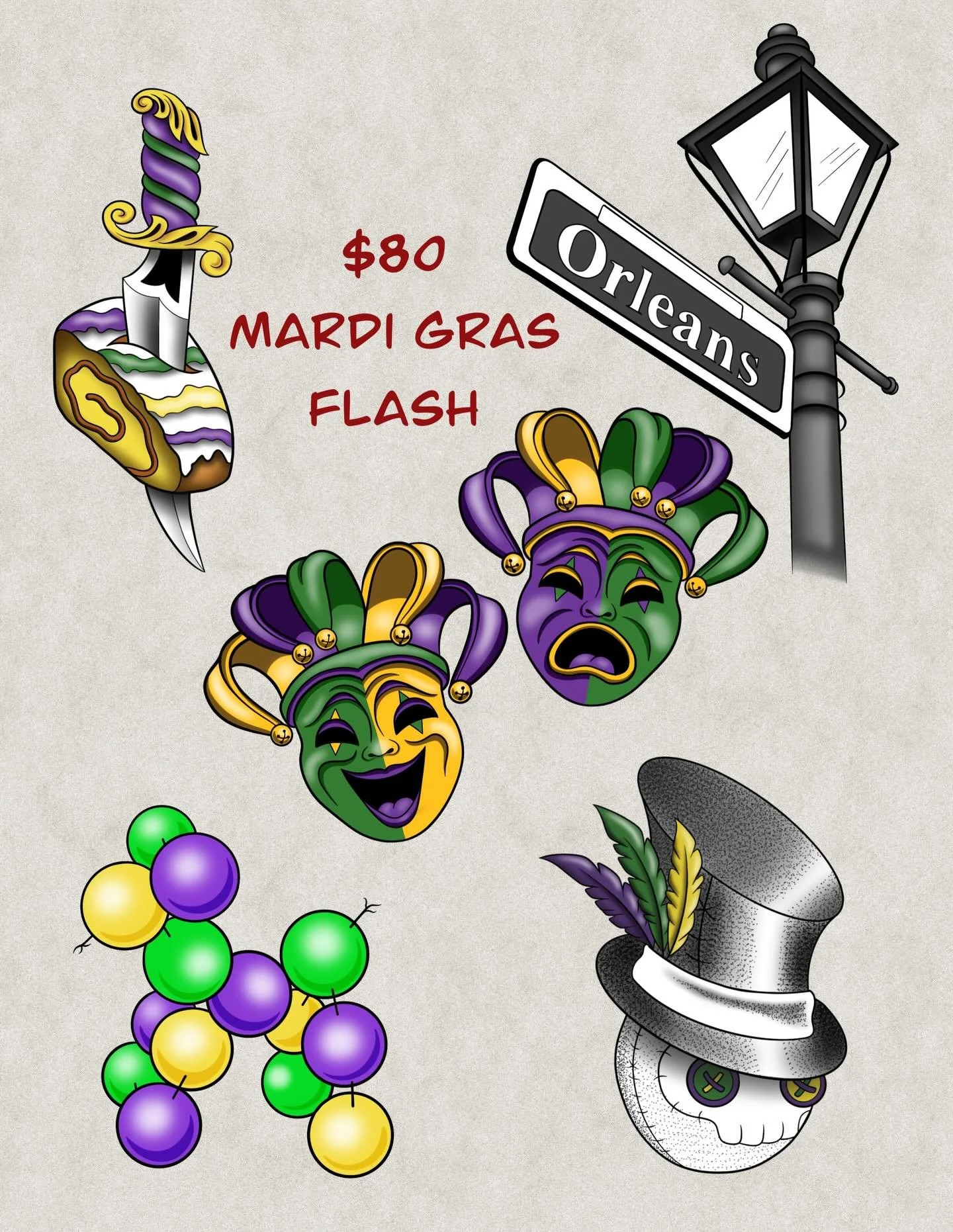 Calling all Mardi Gras fans!!

@jedi_kelly and myself will be slinging these Mardi Gras flash tomorrow @iron.gate.studios! We will be doing them for $80 as is on the flash and we can change them to black and grey if you would prefer. We also have kin