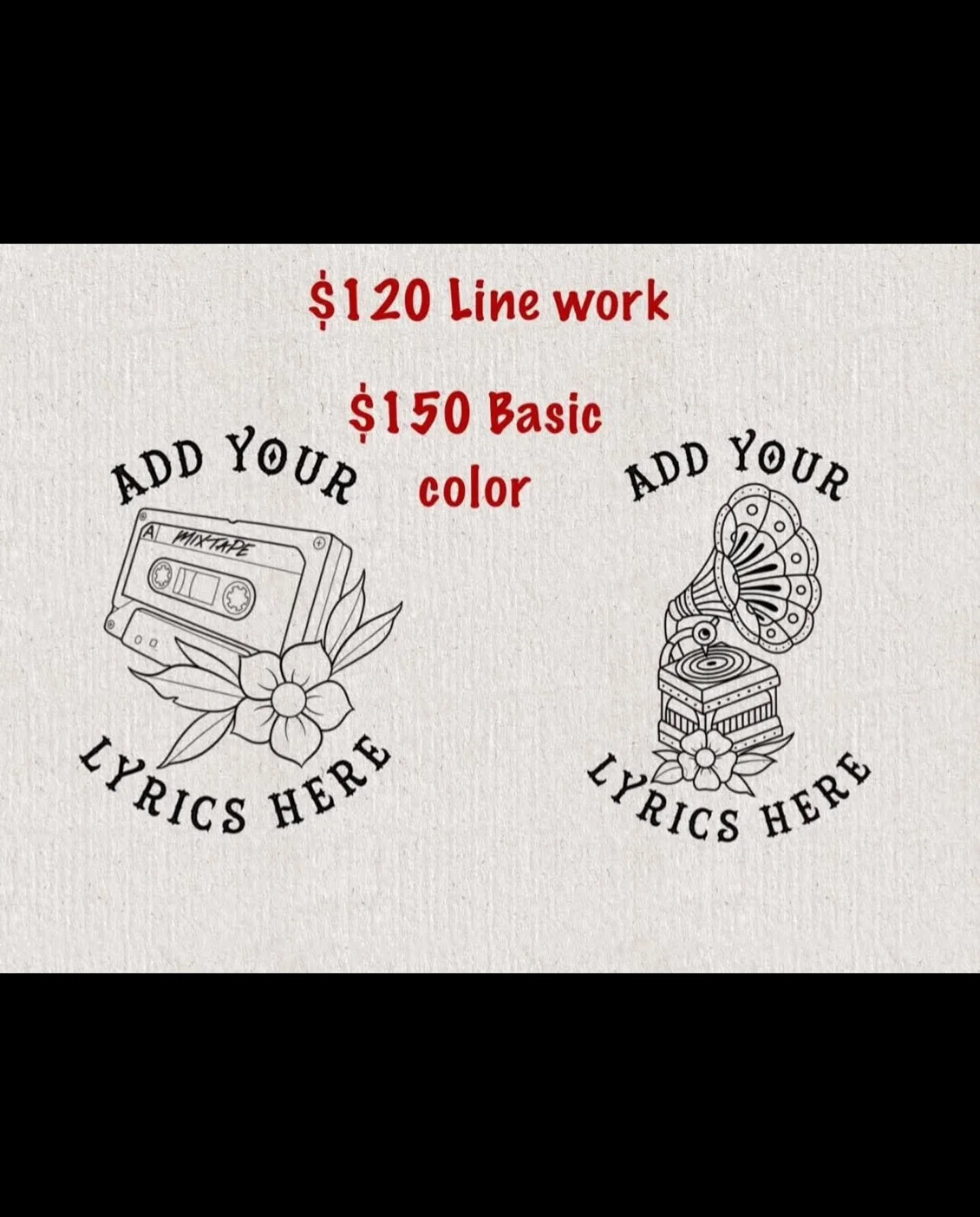 Come see us Saturday on your way to @fortherecord_bmt !!! 

We're celebrating Record Day with music themed flash deals and discounts!

$10 off tattoos with proof of purchase/ support for For the Record 💜 Today and Tomorrow only. 

Flash tattoos by @