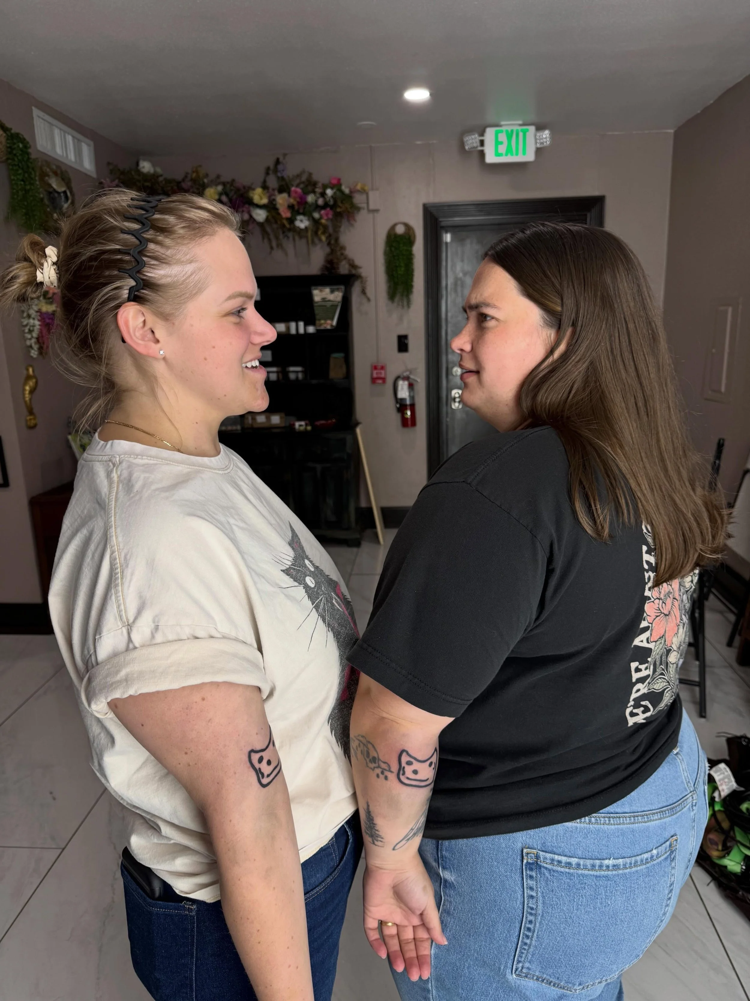 This is how best friends look at each other 😂

Jamie and Stacy came in and got matching tattoos! Stacy&rsquo;s daughter drew a picture of their cat and it was too good to not get tattooed! Had such a blast hanging with these two and getting to do th