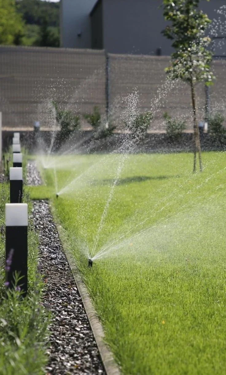 Lawns being watered by adjustable sprinkler heads on a sunny day.