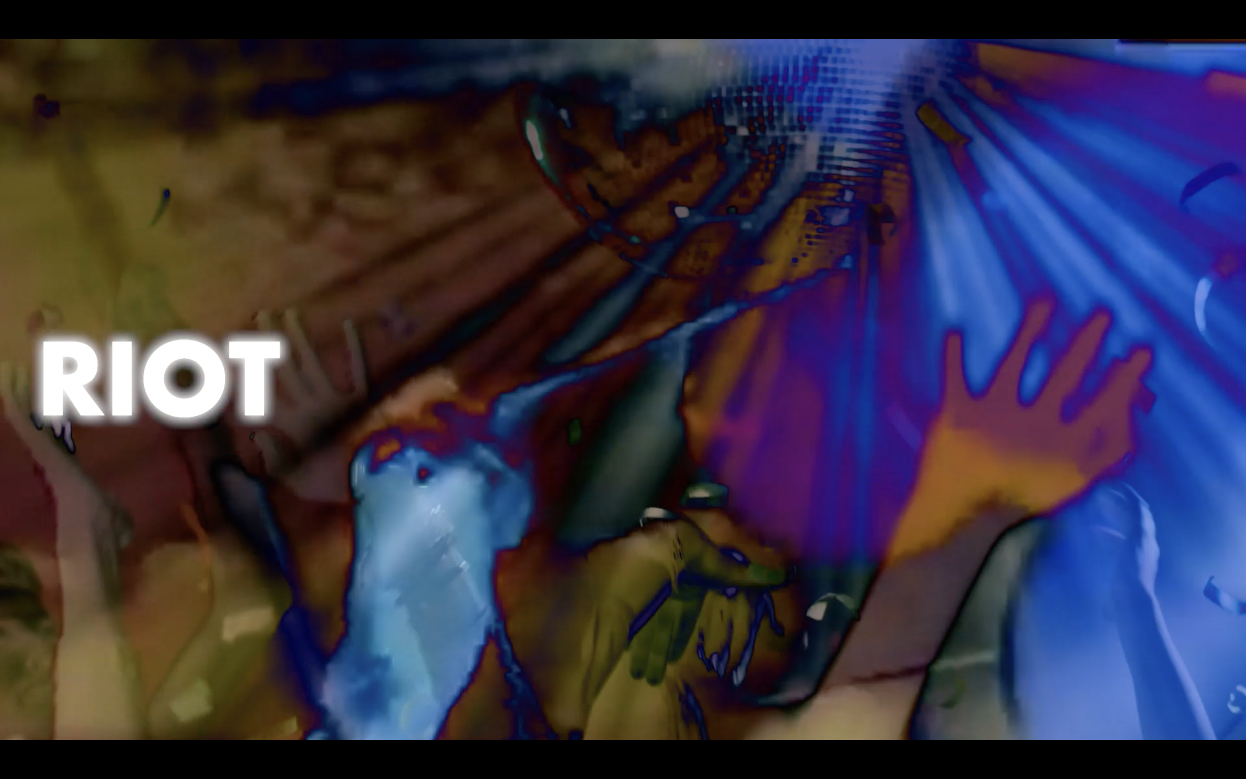 A colorful, abstract digital artwork with the word 'RIOT' in white text on the left side, featuring handprints and streaks of bright colors like blue, purple, orange, and yellow.