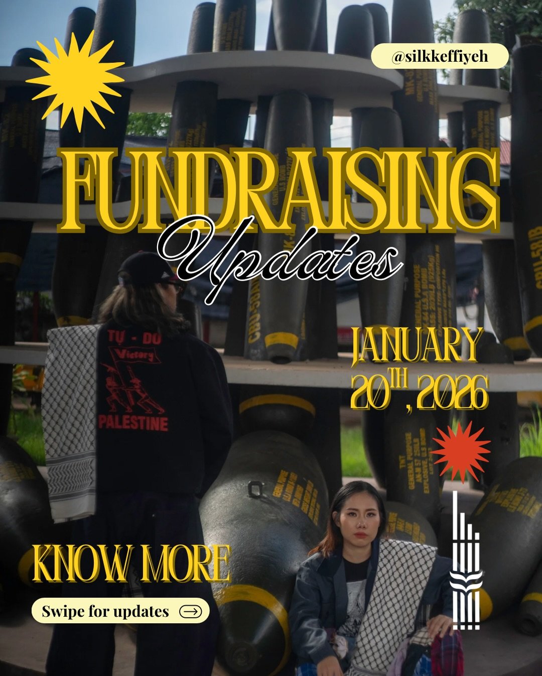 We are currently ~50% of the way towards our second silk keffiyeh fundraiser goal!

Want a chance at winning the one and only 2 meter-long silk keffiyeh? Purchase tickets through the link in our bio. All proceeds go towards mutual aid: 50% towards @t