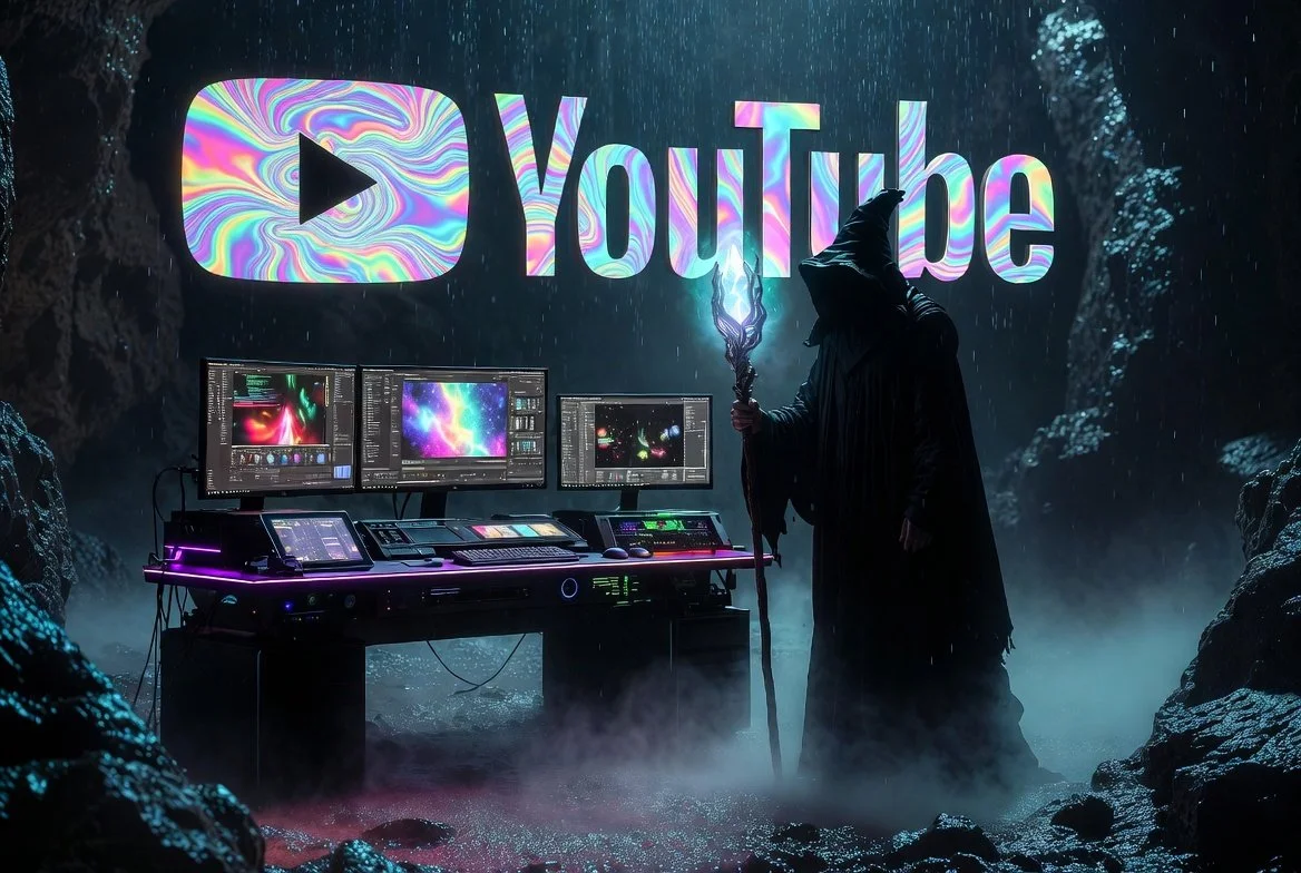 A dark, mystical scene with a computer setup in a cave-like environment, featuring multiple monitors displaying colorful digital artwork or video editing software. A hooded, wizard-like figure holding a staff stands next to the computer. Behind, a large YouTube logo with rainbow-colored swirl is projected on the wall.