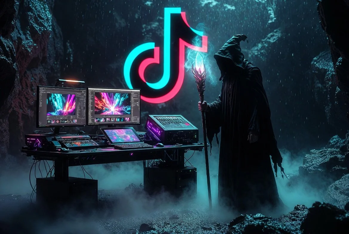 A dark, fantasy-like scene with a person dressed as a wizard holding a staff with lightning, standing next to a digital music production setup with multiple monitors, in front of a large glowing TikTok logo.