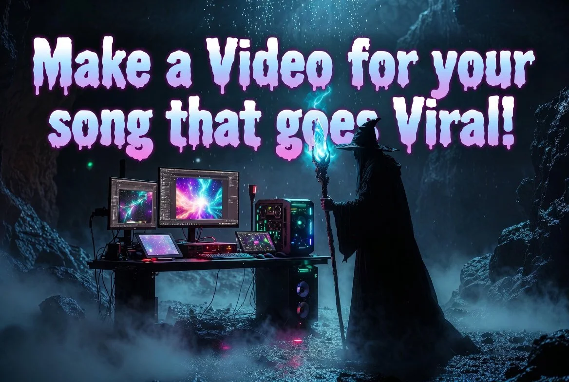 A dark, mystical scene with a wizard in a black cloak and hat standing beside a computer setup with multiple monitors emitting colorful, cosmic light patterns. The wizard is holding a glowing staff, and fog surrounds the rocky ground. Text in bold purple and white letters reads, "Make a Video for your song that go viral!"