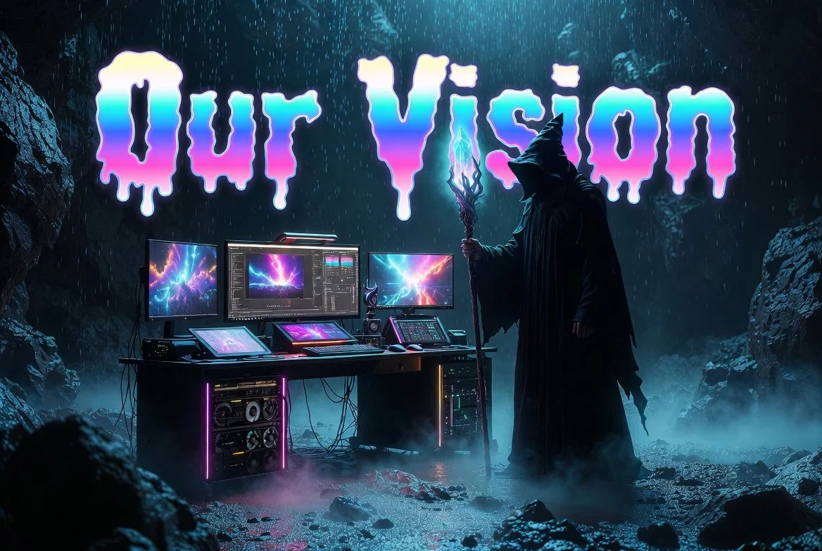 A figure dressed as a wizard holding a staff with a glowing blue crystal, standing in front of a computer setup with multiple screens displaying lightning and energy effects, in a dark, rocky environment with a large sign that reads 'Our Vision' in glowing, dripping letters.