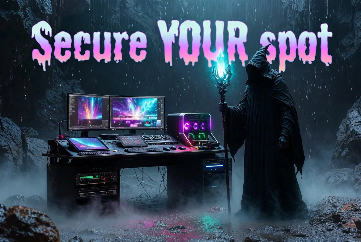 A dark, foggy cave with a DJ setup consisting of three monitors displaying colorful visuals, with the words '$ecure YOUR spot' in purple and pink dripping text above. A figure dressed as a dark wizard or sorcerer in a black cloak and hood, holding a glowing staff with blue light, stands to the right of the equipment.