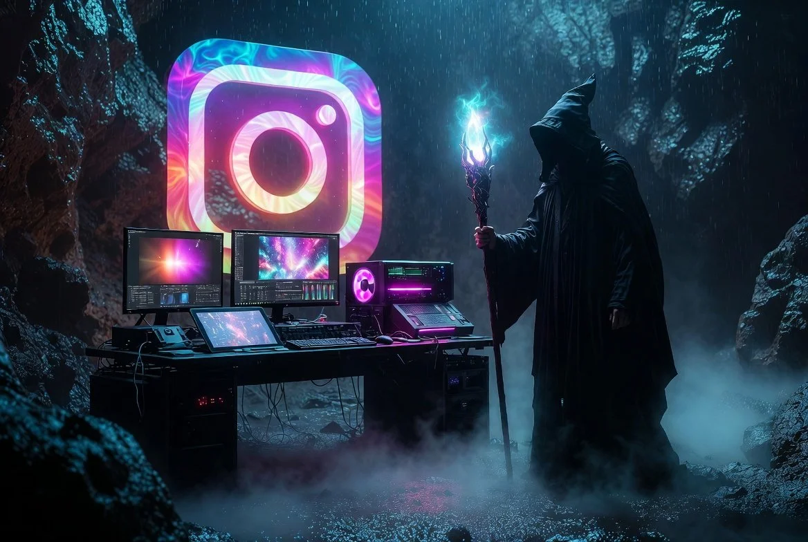 A dark fantasy scene with a hooded figure in a cloak holding a staff with a glowing blue orb, standing next to a digital workstation with multiple monitors displaying colorful graphics and a large neon Instagram logo in the background.