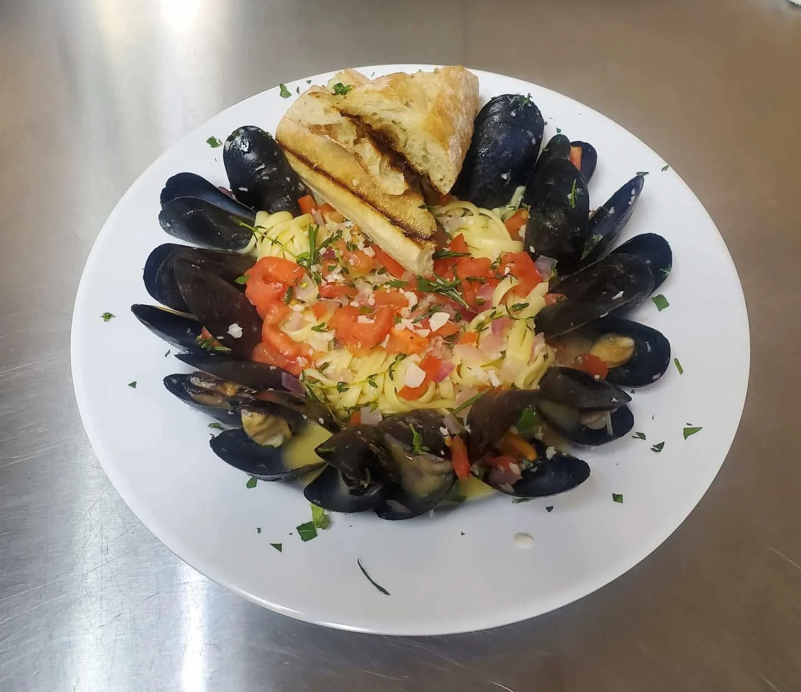 Fresh seafood entrée at Waterworks Restaurant downtown Rockland