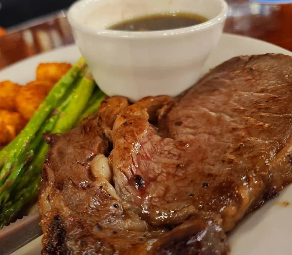 Our prime rib special with asparagus and caramelized carrots with our prime rib Au Jus sauce at the Waterworks restaurant in Rockland Maine