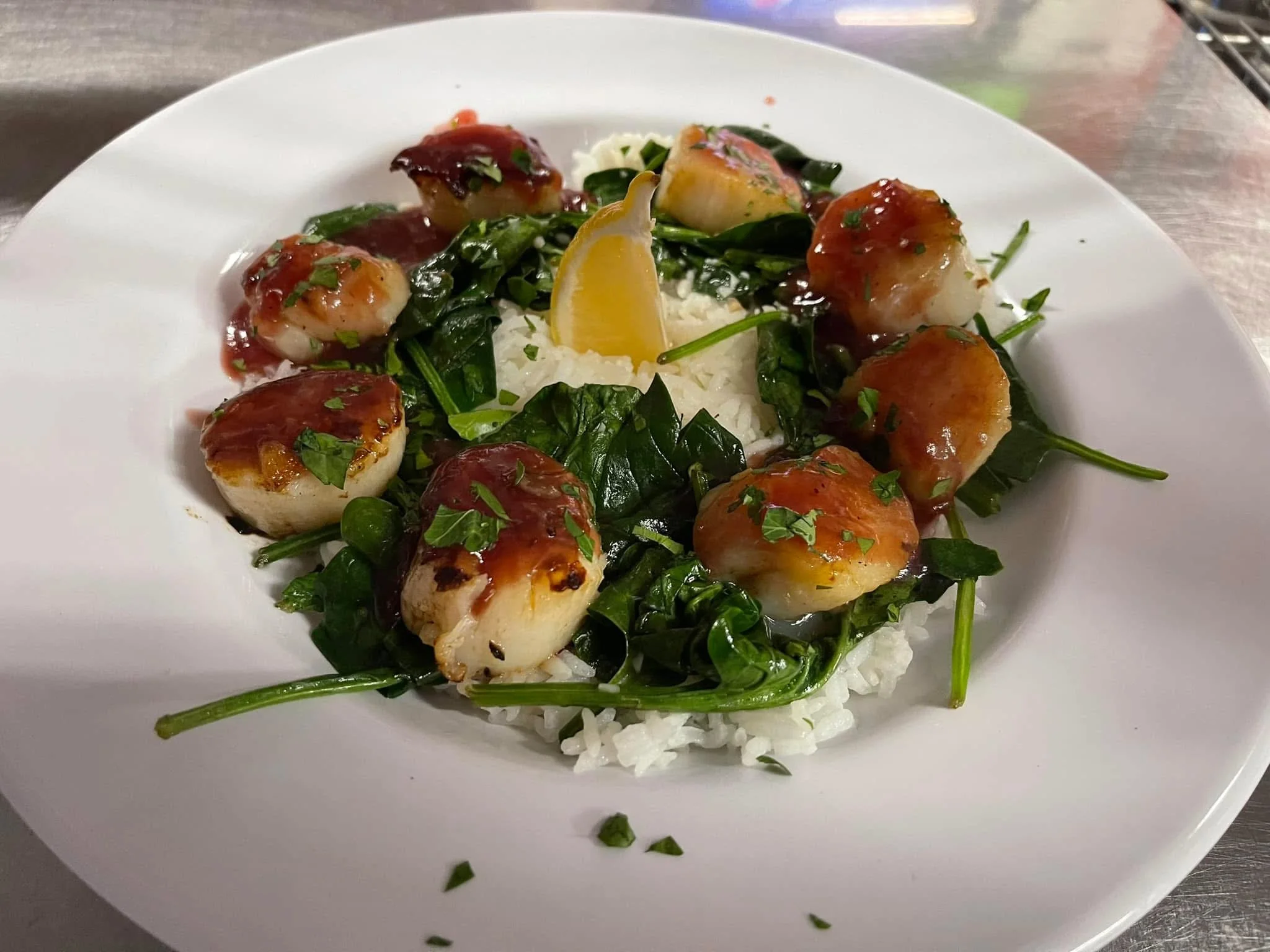 A fresh seafood special, pan seared scallops. A delicious delight rockland Maine waterworks restaurant