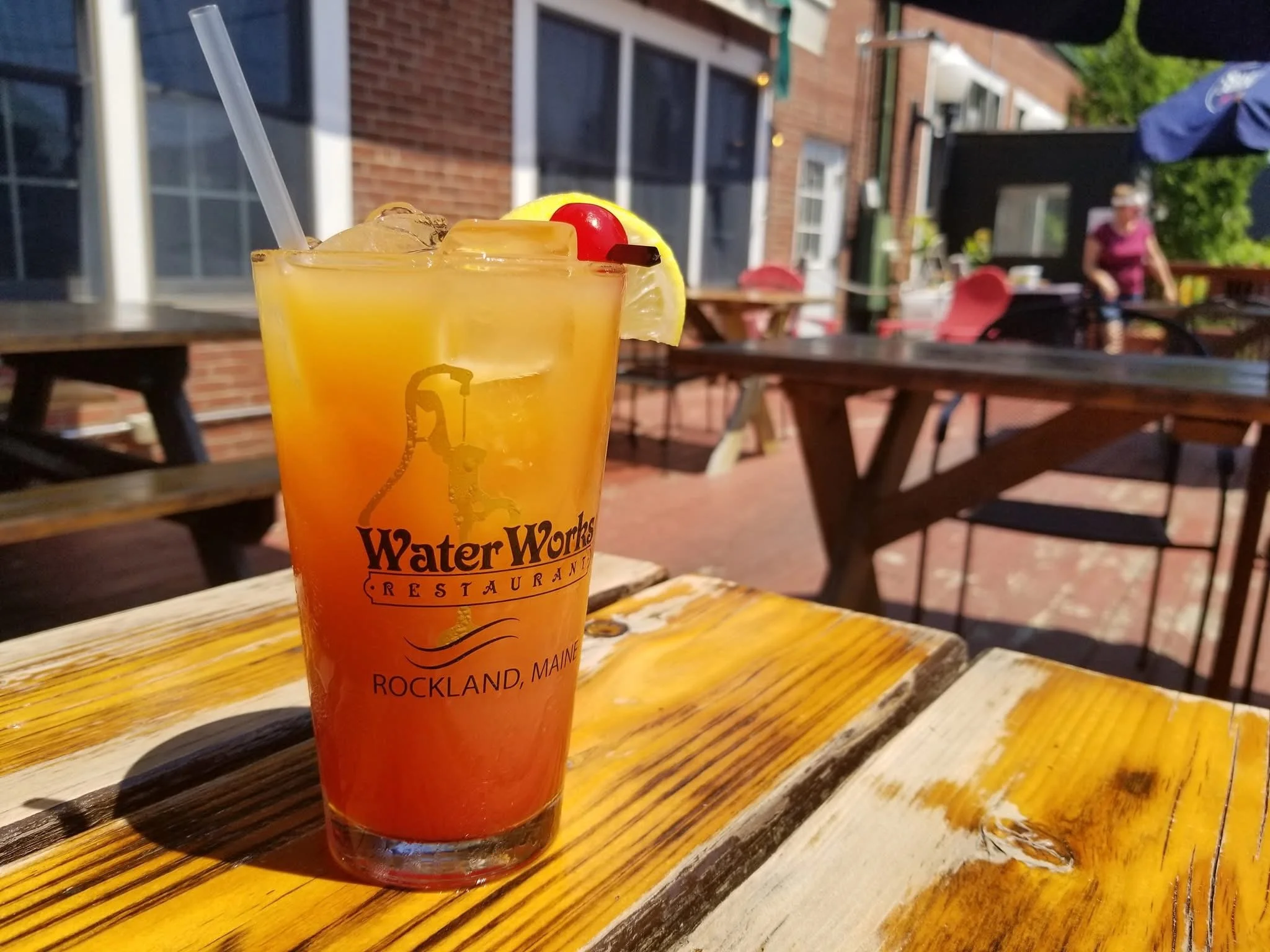 One of our classic cocktails being enjoyed on a summer day on our beautiful outdoor patio in Rockland, Maine at the Waterworks restaurant steps away from Main Street