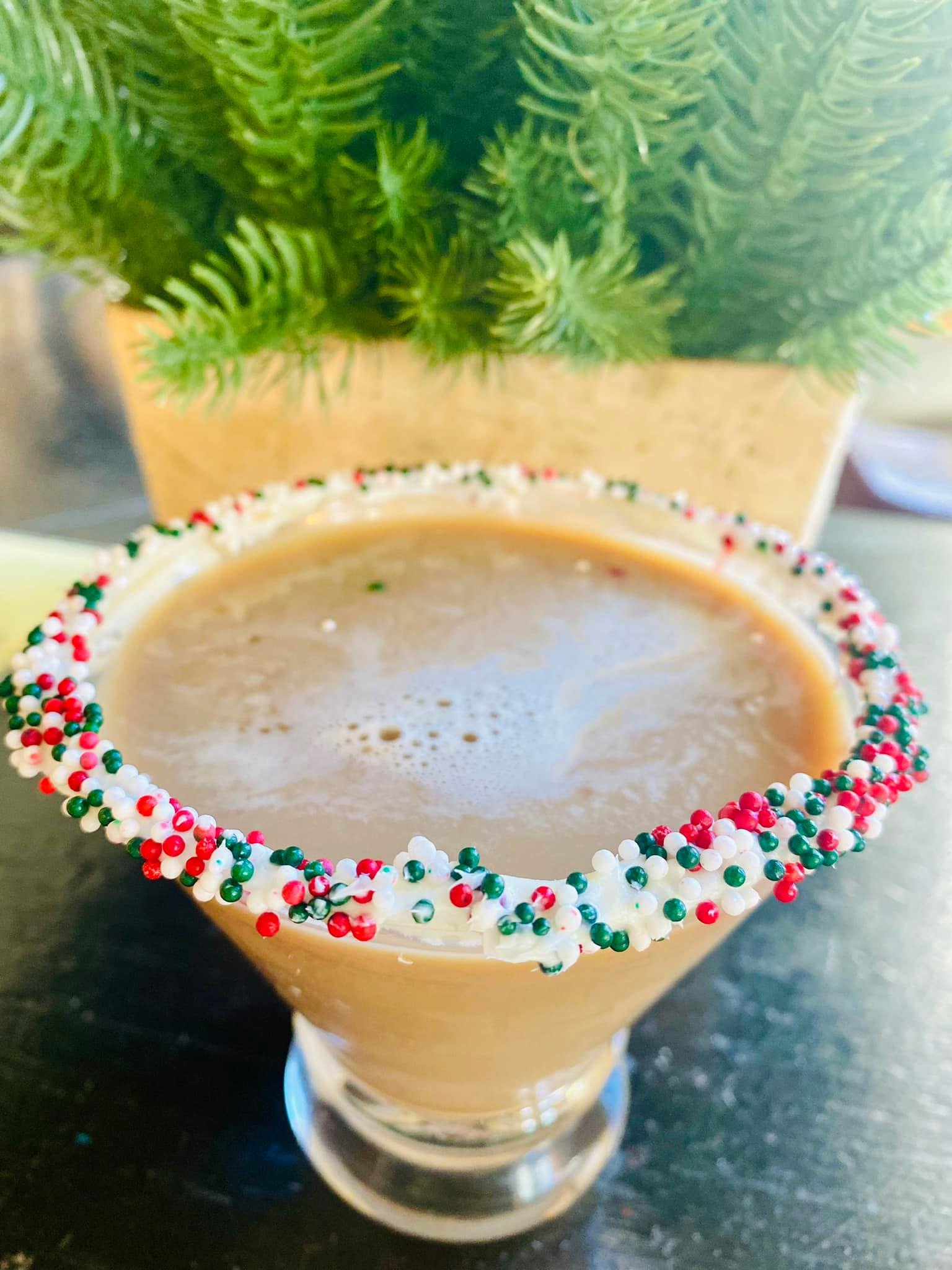 A delicious and adorable cocktail special for the holidays with a sprinkles rim at the Waterworks restaurant in Rockland, Maine