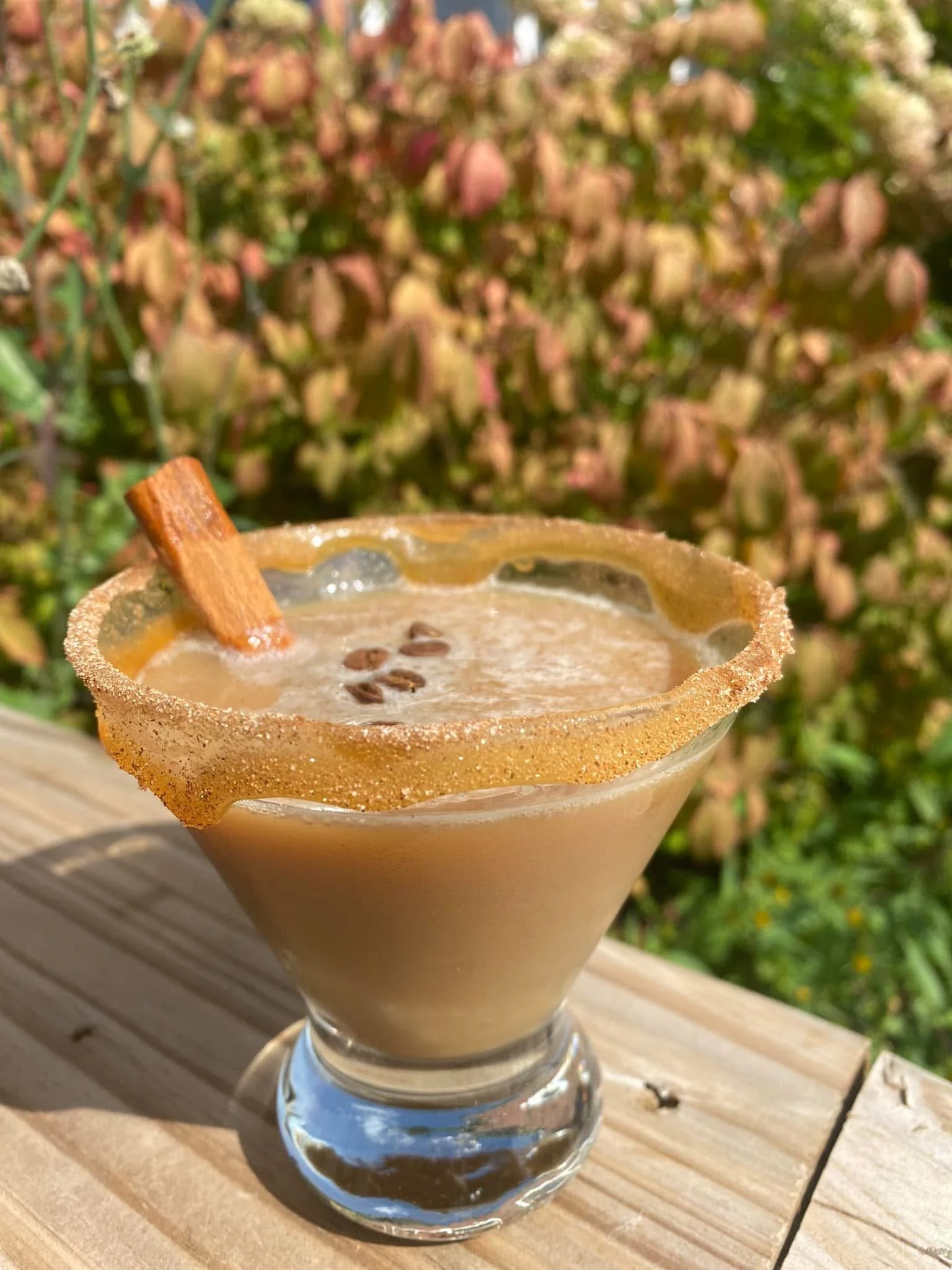 An incredible caramelized sugar rim on a espresso martini cocktail special at the waterworks restaurant rockland Maine