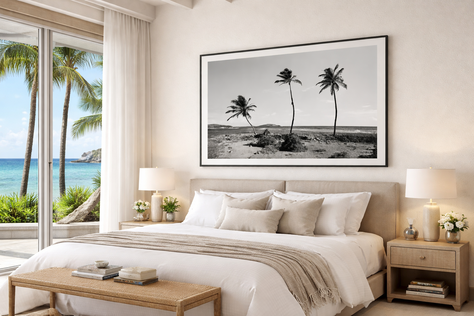 A bedroom with a large window showing a beach with palm trees and blue water. Inside, there is a bed with white and beige bedding, two bedside tables with lamps and flowers, and a black-and-white framed picture of three palm trees above the bed.