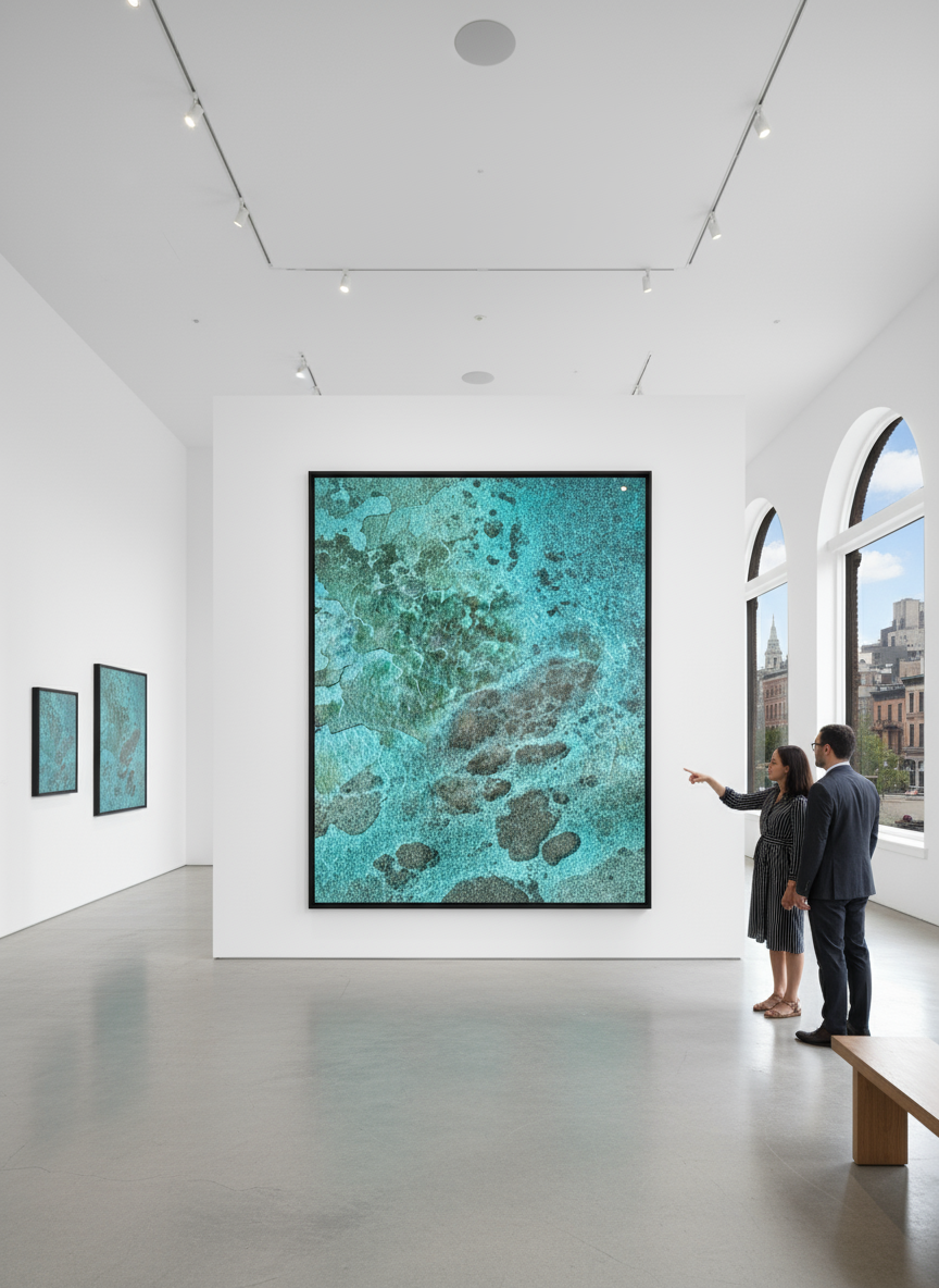 Two people, a woman and a man, standing in an art gallery, observing and discussing large abstract artwork with shades of blue and green.