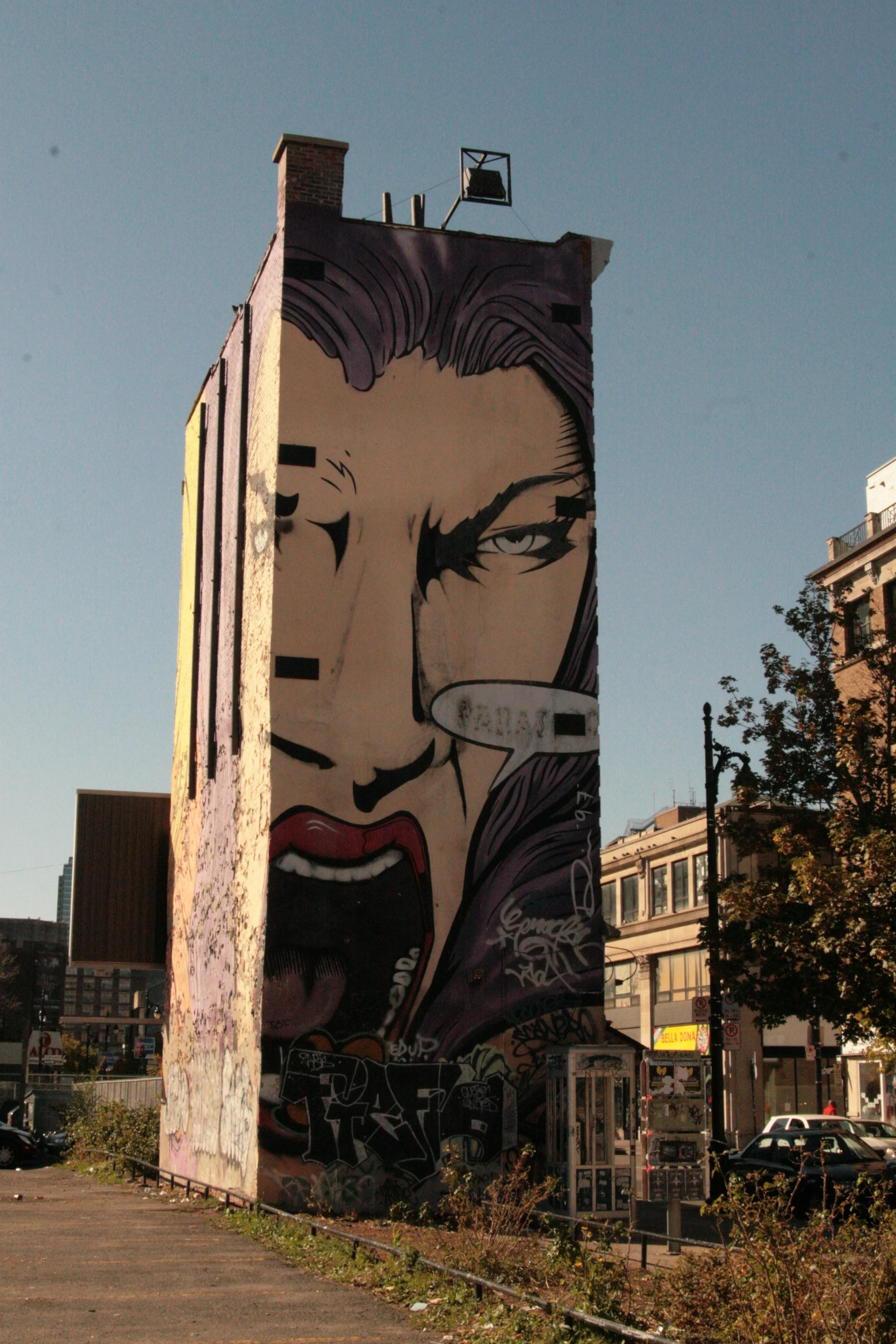 Large mural on the side of a building depicting a woman's face with purple hair, red lips, and an open mouth, in a comic book style.