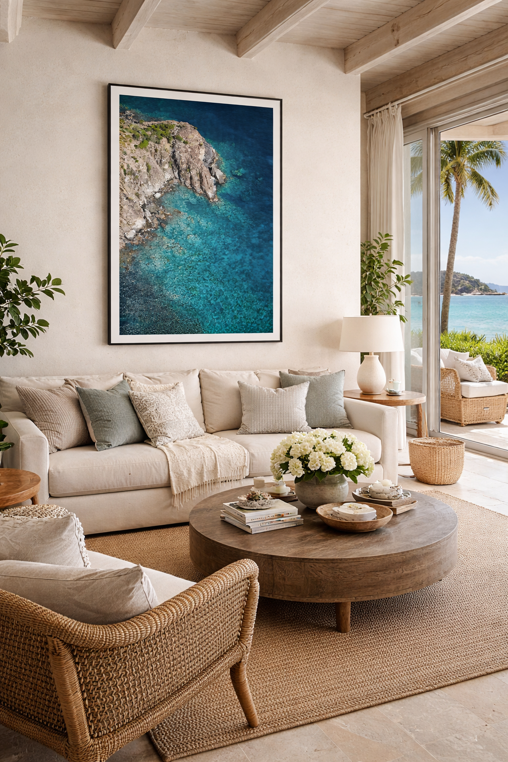 Living room with a white sofa, beige pillows, a round wooden coffee table with books and a flower vase, large window with a view of palm trees and ocean, seaside decor, and wall art of an aerial view of a rocky coastline.