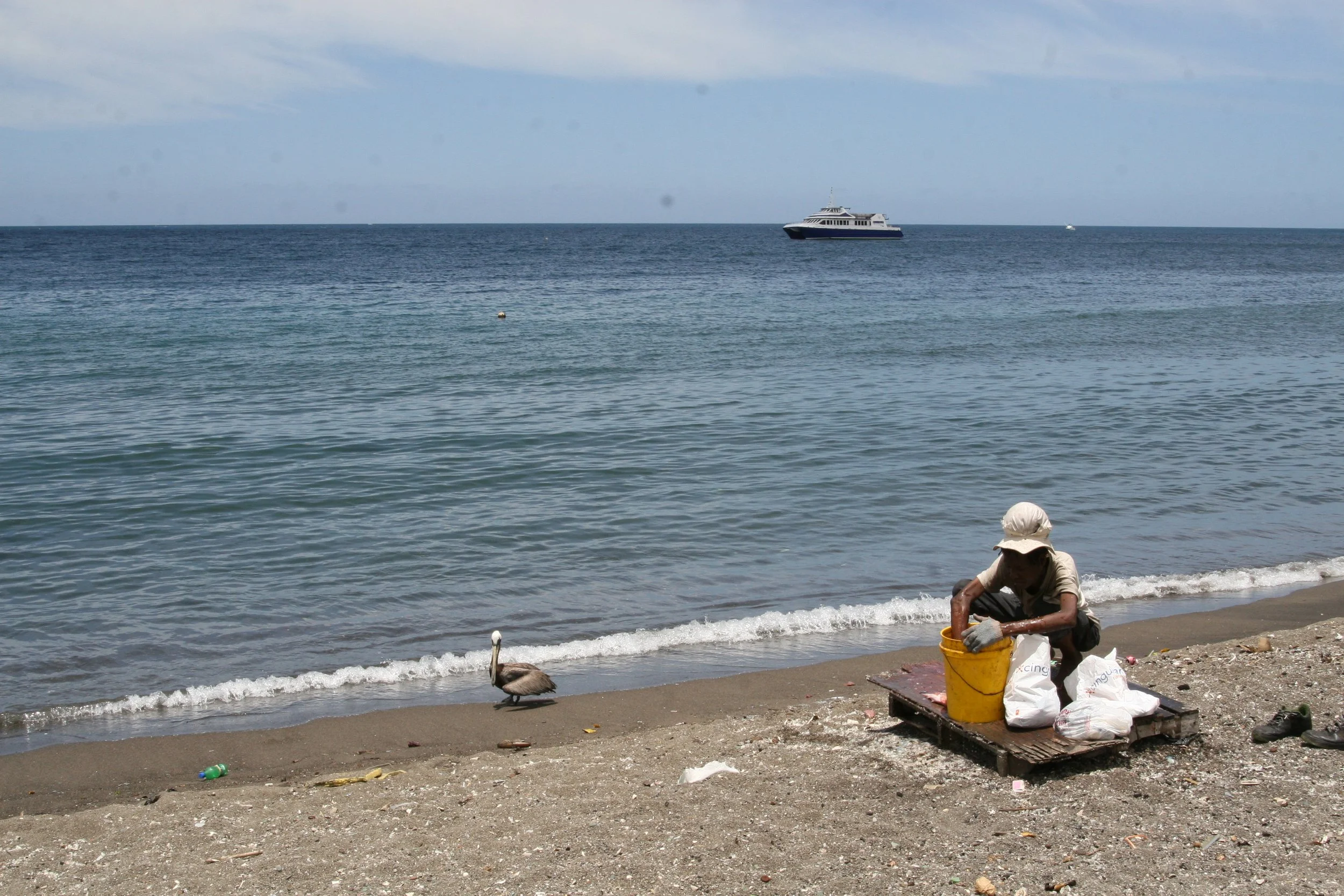 Child wearing a hat and gloves placing items into a yellow bucket on a wooden platform by the beach, with a swan standing on the sand nearby and a yacht floating on the water in the background.