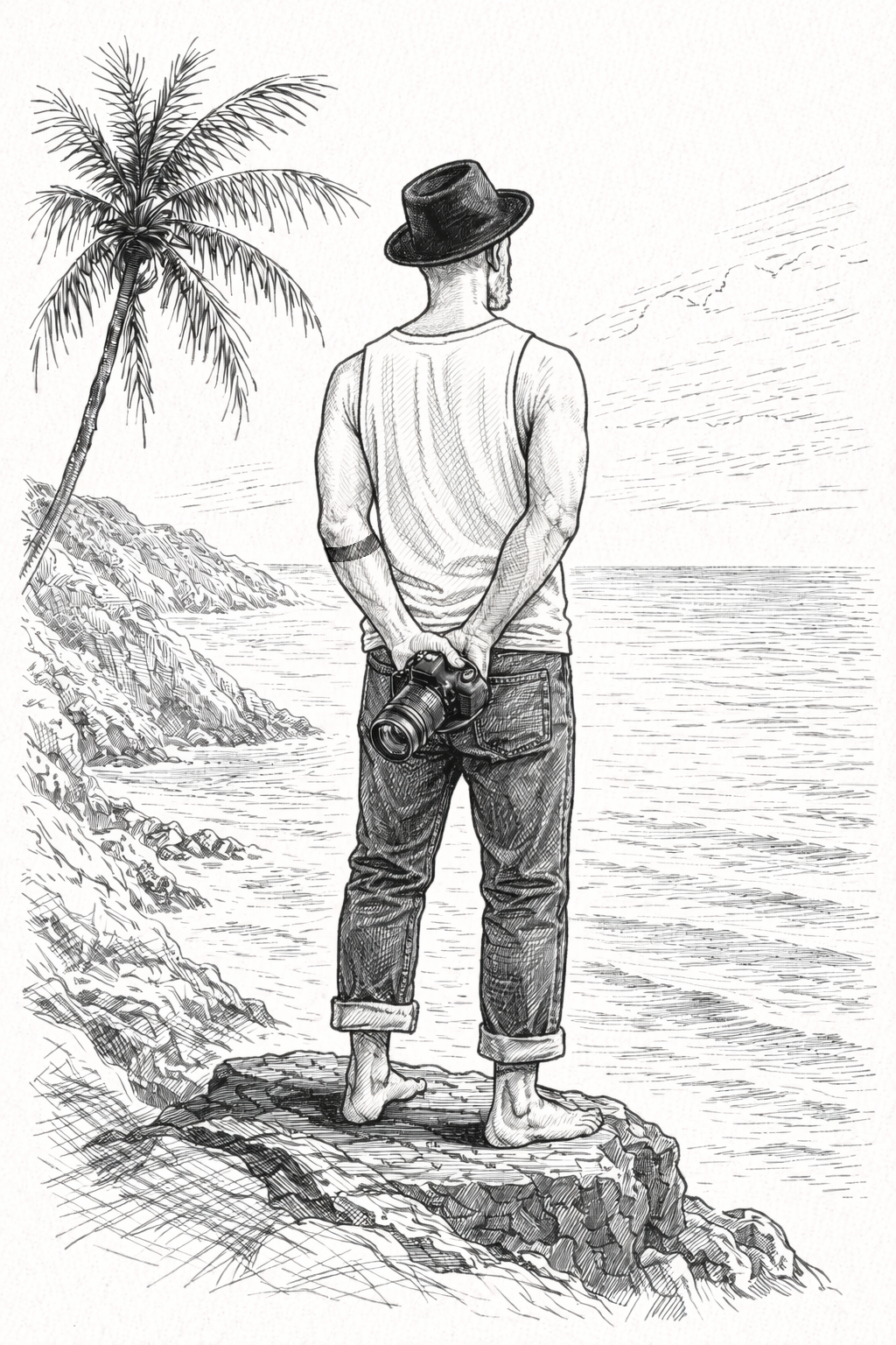 A man standing barefoot on a rocky cliff edge, holding a camera behind his back, looking at the ocean. There is a palm tree on the left and a mountainous landscape in the background.
