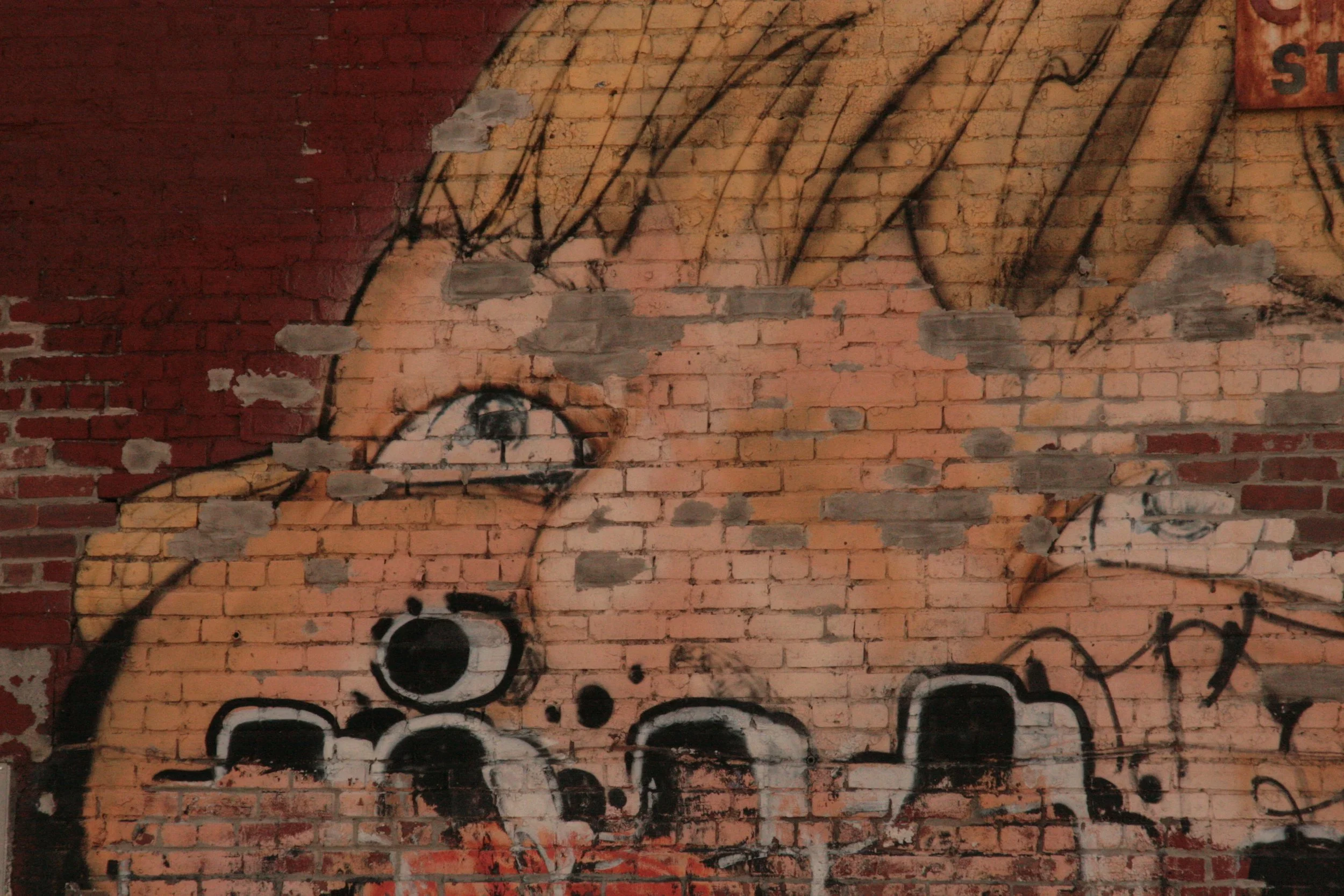 Graffiti artwork of a dog painted on a brick wall, with a partial view of a person's face in the background.